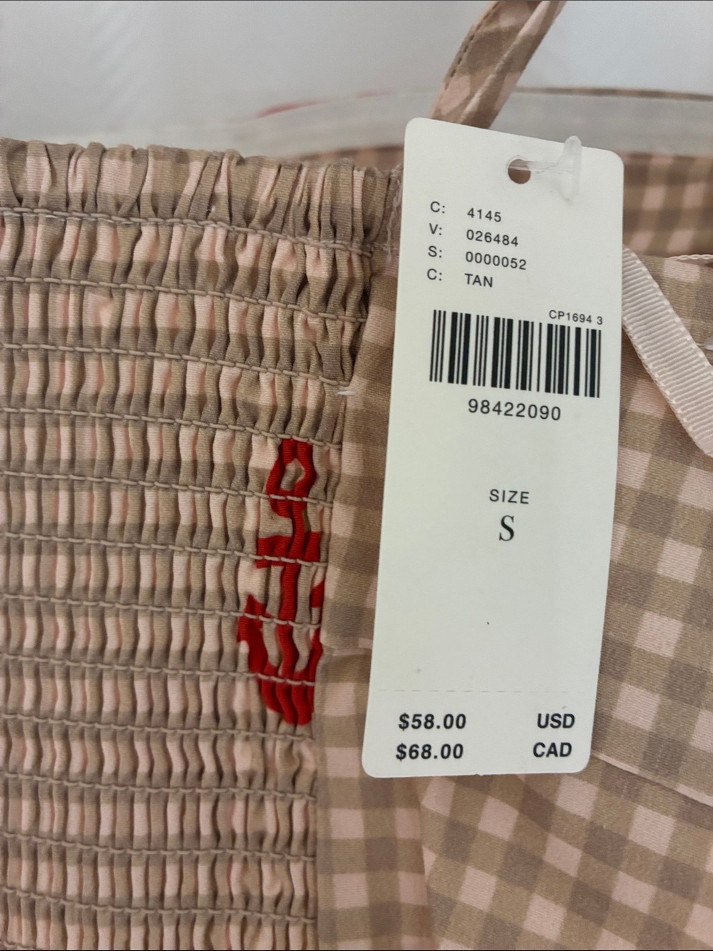NWT size S Anthropologie Beige Gingham Crop Top with Red Anchor Print - Picture 4 of 4